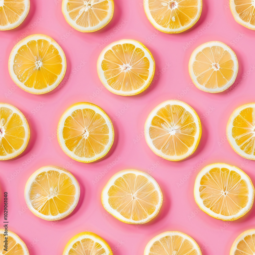 Yellow slices of ripe lemon or orange on pink background. Geometric seamless pattern for print, textile, fabric and wallpaper. Good harvest, exotic fruits Yellow slices of ripe lemon or orange on pink background. Geometric seamless pattern for print, textile, fabric and wallpaper. Good harvest, exotic fruits