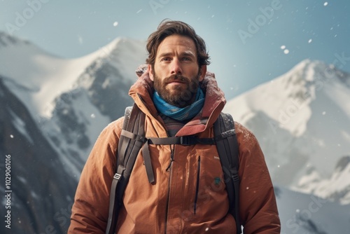 Portrait of a merry man in his 30s sporting a breathable hiking shirt in pristine snowy mountain photo