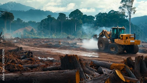 A bulldozer clears a deforested area in a tropical rainforest, with fallen trees scattered across the ground, as smoke rises in the background, symbolizing environmental destruction.