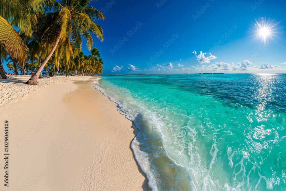 A 360-degree panoramic photo of a tropical beach, with turquoise water gently lapping against the white sand, palm trees swaying in the breeze, and the sun setting over the horizon A 360-degree panoramic photo of a tropical beach, with turquoise water gently lapping against the white sand, palm trees swaying in the breeze, and the sun setting over the horizon
