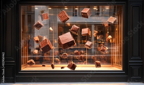 Chocolate squares floating in a shop window.