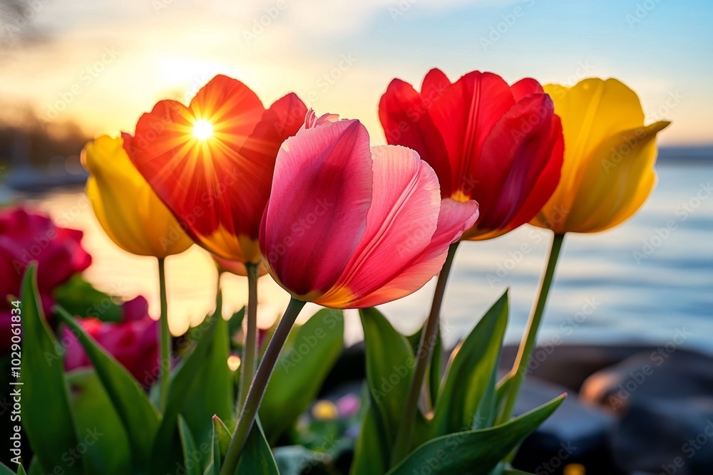A Tulip garden at sunrise, with the first rays of light hitting the flowers, illuminating their petals in shades of red, pink, and yellow A Tulip garden at sunrise, with the first rays of light hitting the flowers, illuminating their petals in shades of red, pink, and yellow