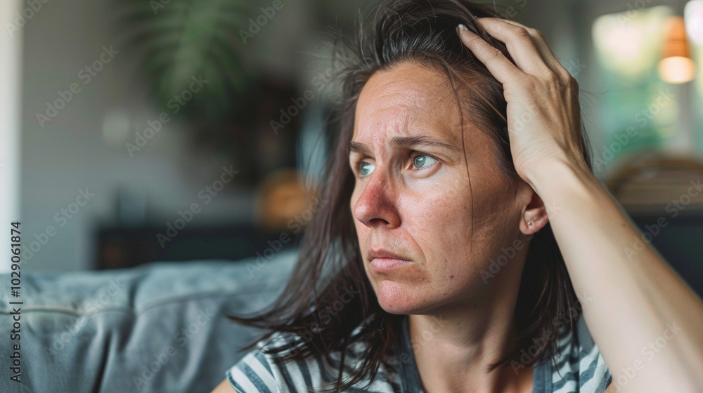 A woman with thinning hair sitting on the couch, looking tired and mentally drained. A woman with thinning hair sitting on the couch, looking tired and mentally drained.