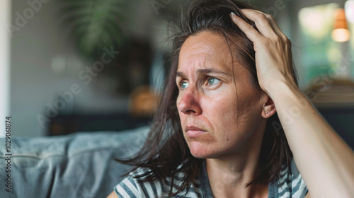 A woman with thinning hair sitting on the couch, looking tired and mentally drained.