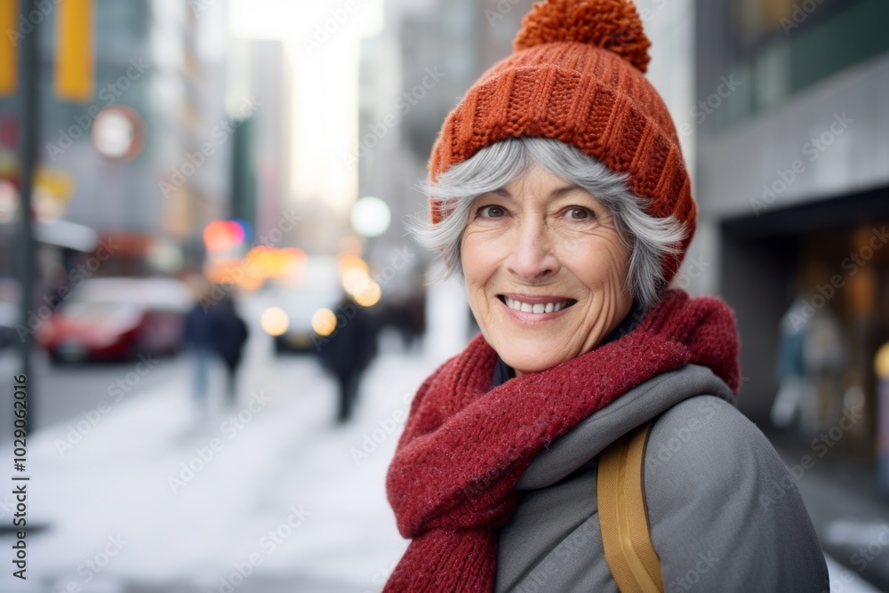 Portrait of a content woman in her 70s donning a warm wool beanie isolated in pristine snowy mountain Portrait of a content woman in her 70s donning a warm wool beanie isolated in pristine snowy mountain