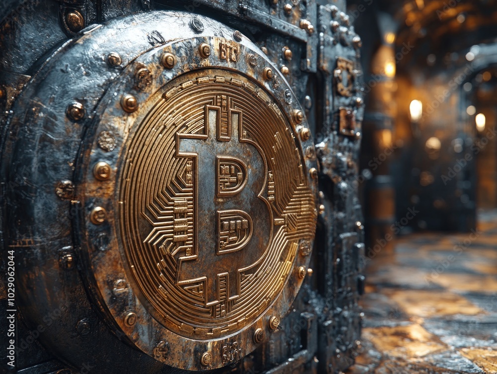 Fototapeta premium Rustic bitcoin vault door in shadowy corridor: cryptocurrency security concept