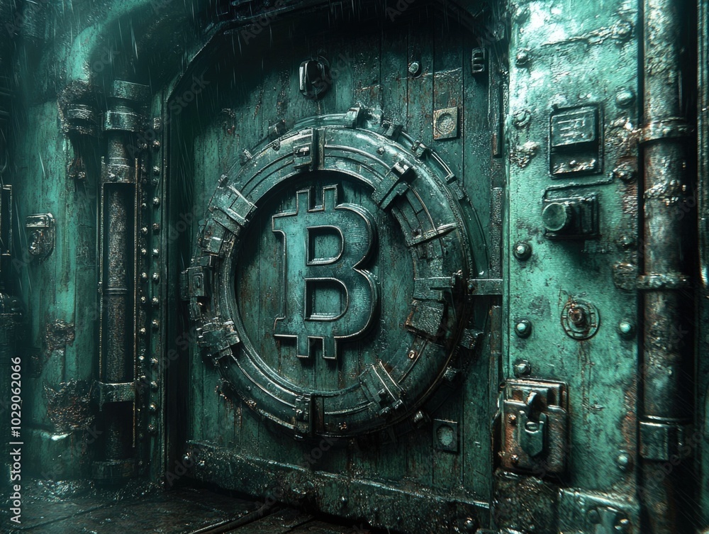 Fototapeta premium Mysterious cyberpunk vault with bitcoin symbol in futuristic setting