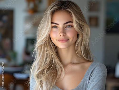 Free Download a woman with blonde hair, wearing a light blue top, sitting in a chair. - GFXLoad