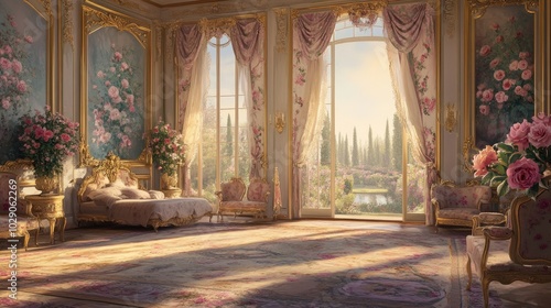 Wallpaper Mural Expansive palace room with a mix of pastel hues, frescoes of blooming roses, and large windows offering a view of the lush gardens outside Torontodigital.ca