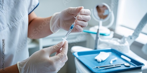 A close-up of a dental assistant preparing a dental syringe for a patient, with gloved hands holding the syringe and carefully filling it with anesthetic. photo