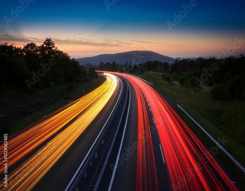 German motorway called “Sauerlandlinie“ with curved lanes at blue hour after sunset near Hagen with colorful light traces of passing cars and sky gradient with clouds. Ambulance with blue flash lights