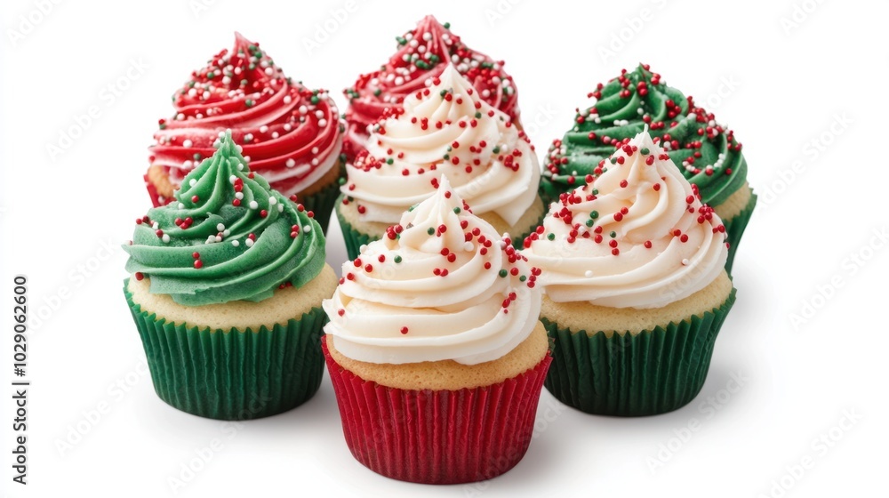 Christmas cupcakes with red, green, and white swirled frosting, topped with holiday sprinkles, isolated on white background Christmas cupcakes with red, green, and white swirled frosting, topped with holiday sprinkles, isolated on white background