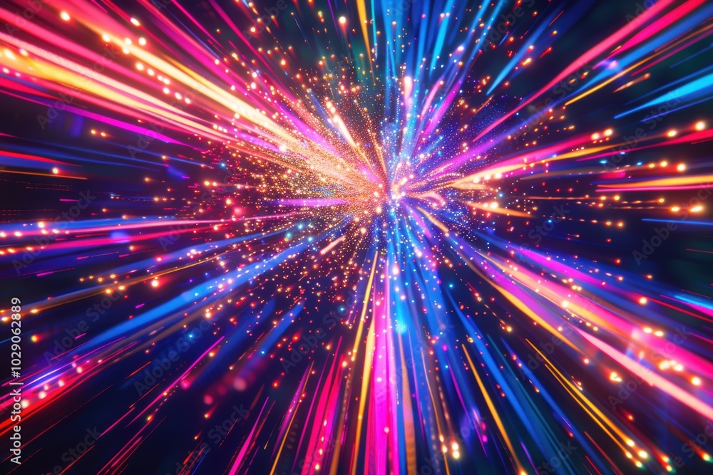 Obraz premium Energetic New Year's Celebration with Vibrant Neon Light Trails and Festive Fireworks