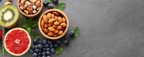 Table set with organic fruits and nuts, promoting clean eating and sustainable food choices