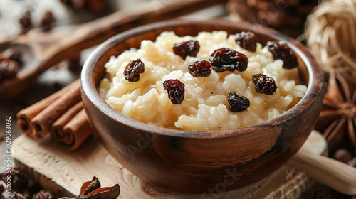 A wooden bowl of rice pudding with raisins and cinnamon sticks.