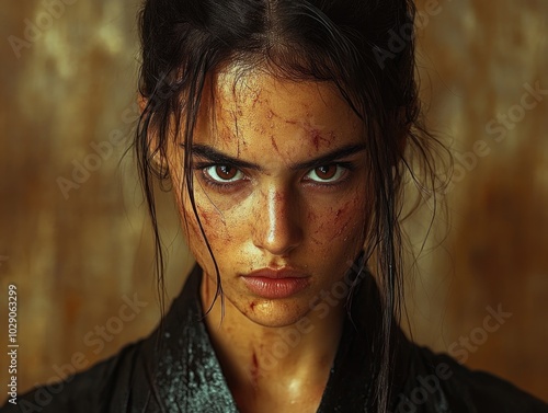 Intense portrait of a determined woman with fierce expression in dramatic lighting