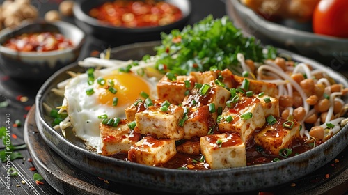 A plate of mapo tofu with a fried egg, bean sprouts, and chili sauce. photo