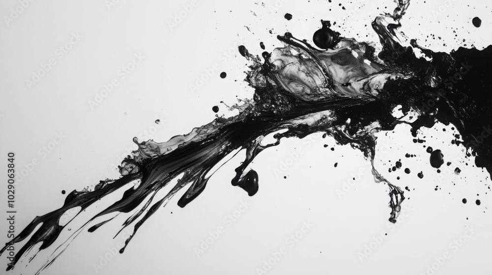 A minimalist black ink splatter across a white canvas, with sharp and soft edges A minimalist black ink splatter across a white canvas, with sharp and soft edges