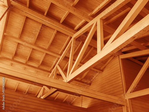 Close-up of wooden roof structures. Close-up of wooden roof structures. Roof of a frame house.