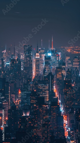 Modern city skyline at night with glowing lights, 4K hyperrealistic photo