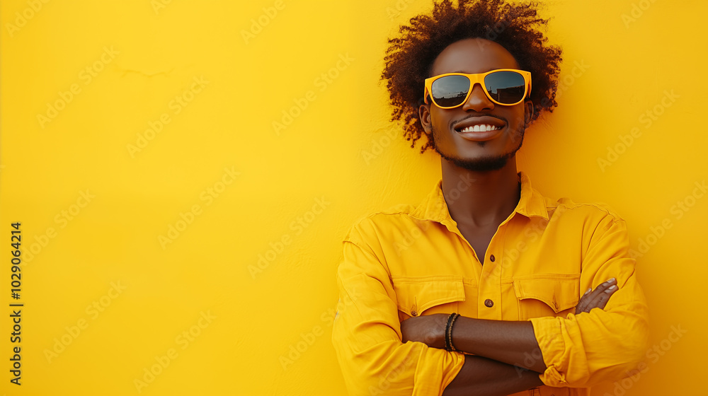 Stylish african american man in yellow shirt and sunglasses posing on yellow background Stylish african american man in yellow shirt and sunglasses posing on yellow background