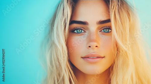 A close-up portrait of a young woman with blonde hair and blue eyes, looking directly at the camera.