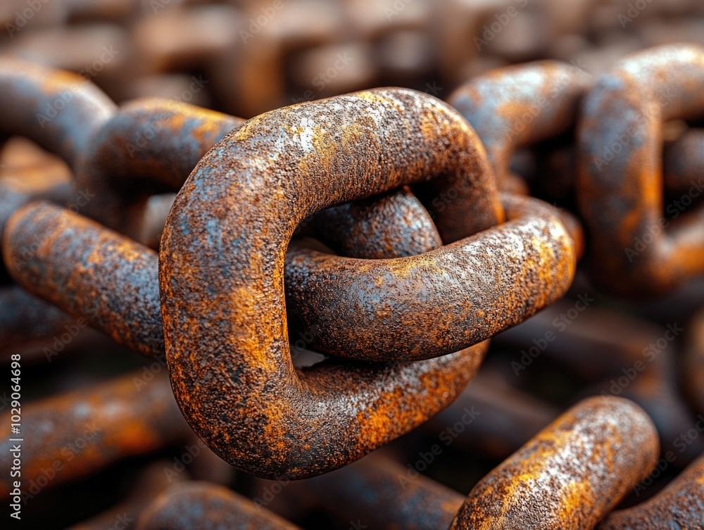 Close-up of rusty metal chain links depicting time and decay in industrial setting Close-up of rusty metal chain links depicting time and decay in industrial setting