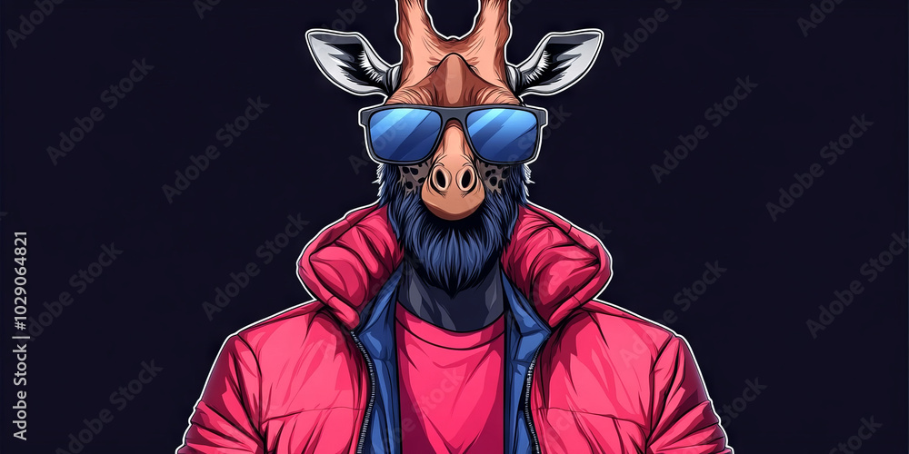 Cool giraffe wearing sunglasses and a red jacket. Cool giraffe wearing sunglasses and a red jacket.
