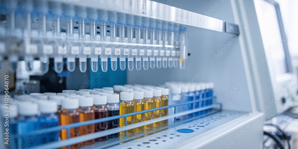 A close-up of a liquid chromatography machine in action in a medical analysis lab, with vials of different colored solutions lined up beside it. The equipment hums quietly as it processes samples. A close-up of a liquid chromatography machine in action in a medical analysis lab, with vials of different colored solutions lined up beside it. The equipment hums quietly as it processes samples.