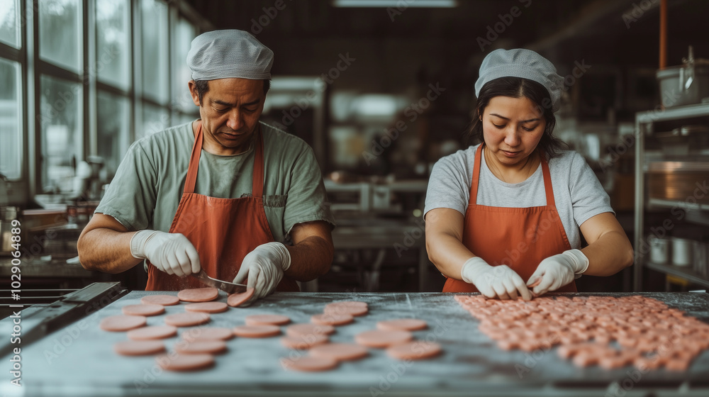 Two people are working in a bakery, one of them is cutting doughnuts Two people are working in a bakery, one of them is cutting doughnuts