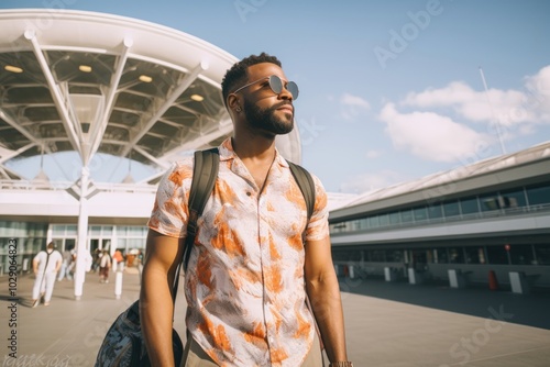 Portrait of a glad afro-american man in his 30s donning a trendy cropped top on bustling airport terminal