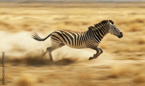 A zebra runs in a field of grass.