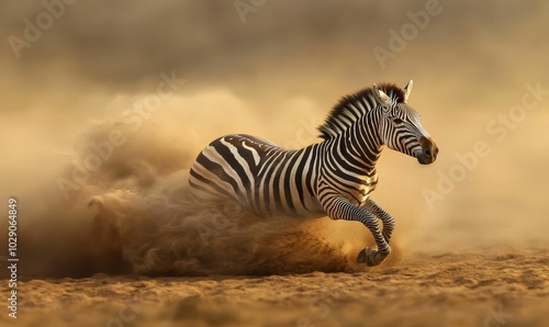 A zebra runs through dust in the desert.