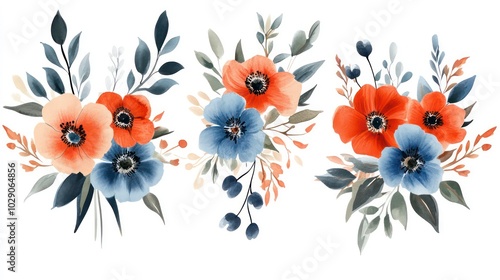 Fototapeta Naklejka Na Ścianę i Meble -  Watercolor illustration of three floral bouquets with blue and orange anemones, leaves and twigs on a white background.