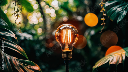 Una lampadina accesa emette luce su uno sfondo verde e colorato con effetto bokeh di una foresta pluviale photo