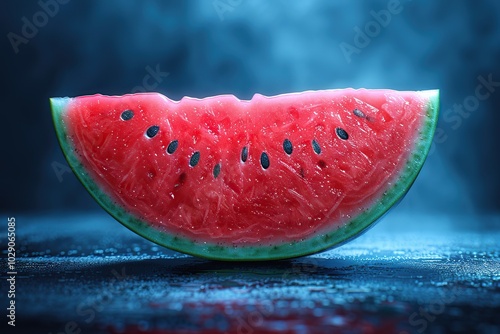 A single slice of watermelon on a dark background with fog and condensation. photo