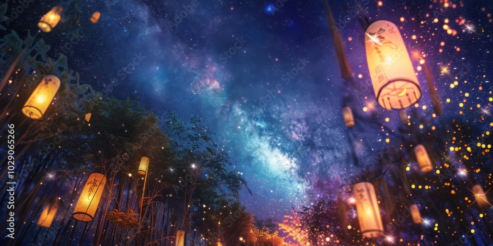Experience the magic of the Tanabata festival under the Milky Way on a clear night with illuminated lanterns and a stunning starlit sky Experience the magic of the Tanabata festival under the Milky Way on a clear night with illuminated lanterns and a stunning starlit sky
