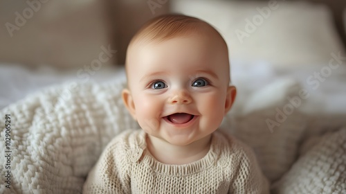 Smiling baby on a cozy blanket