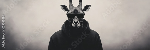 A giraffe wearing sunglasses and a hoodie stares intensely.