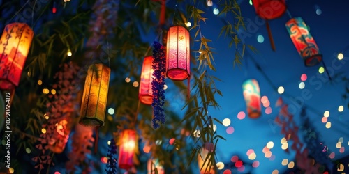 Colorful lanterns illuminating the night sky during the Tanabata festival in Japan creating a magical atmosphere with vibrant decorations photo