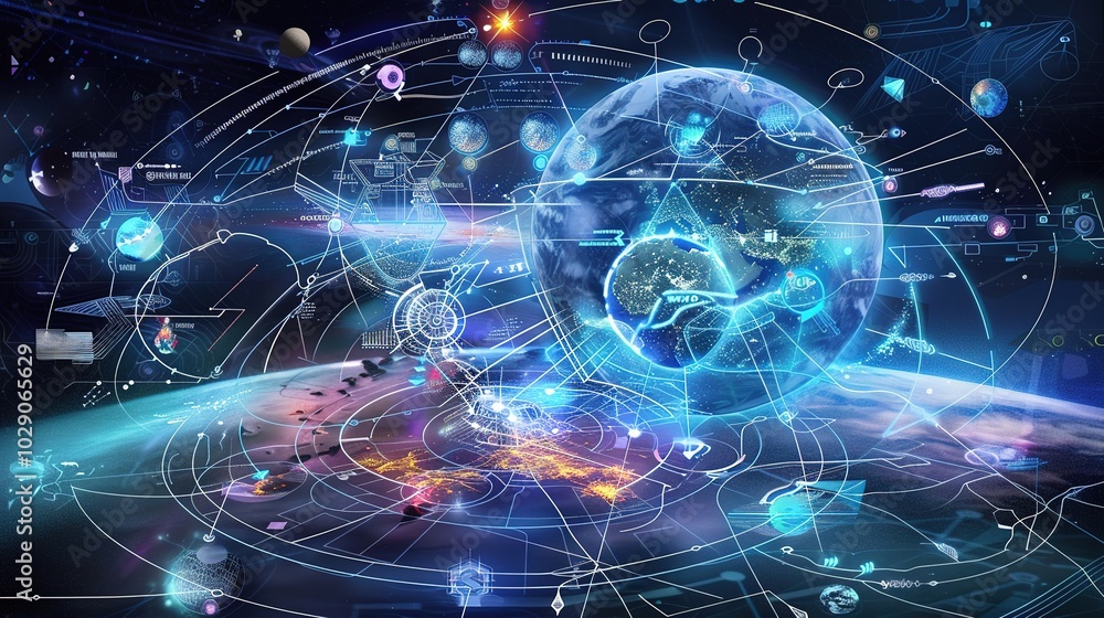 Obraz premium Future Universe Concept Map - a visionary and imaginative visual. The concept map depicts a futuristic universe, illustrating innovative ideas and celestial elements in a captivating manner.