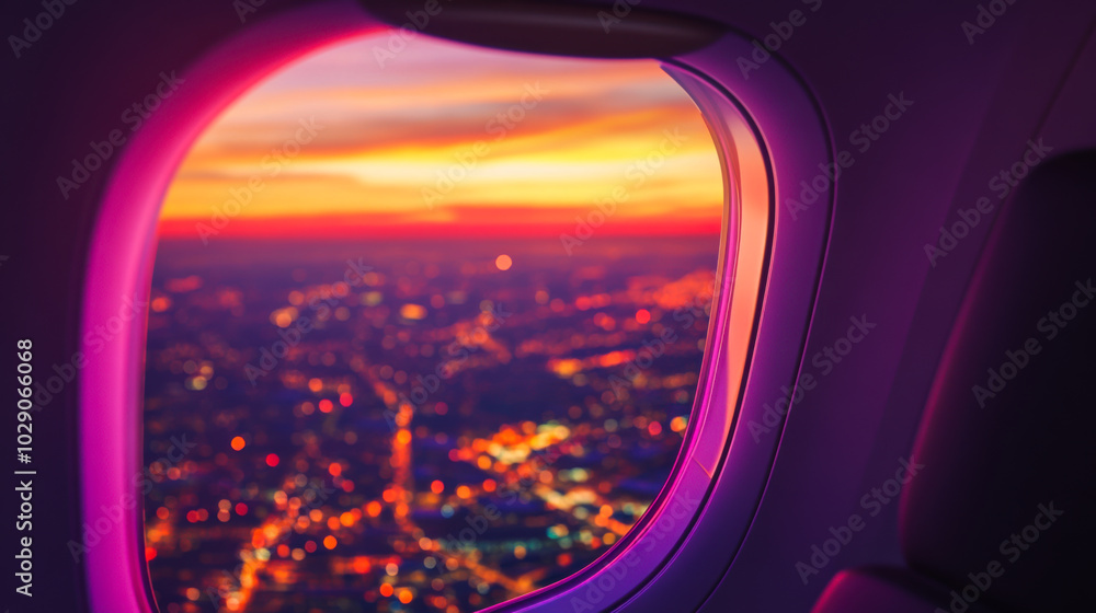 Vibrant sunset viewed from an airplane window overlooking a city landscape illuminated at dusk Vibrant sunset viewed from an airplane window overlooking a city landscape illuminated at dusk