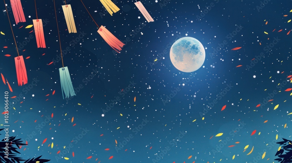 Fototapeta premium Celebrate the Tanabata Festival under the full moon with colorful decorations and a minimalist design capturing the essence of this cultural event