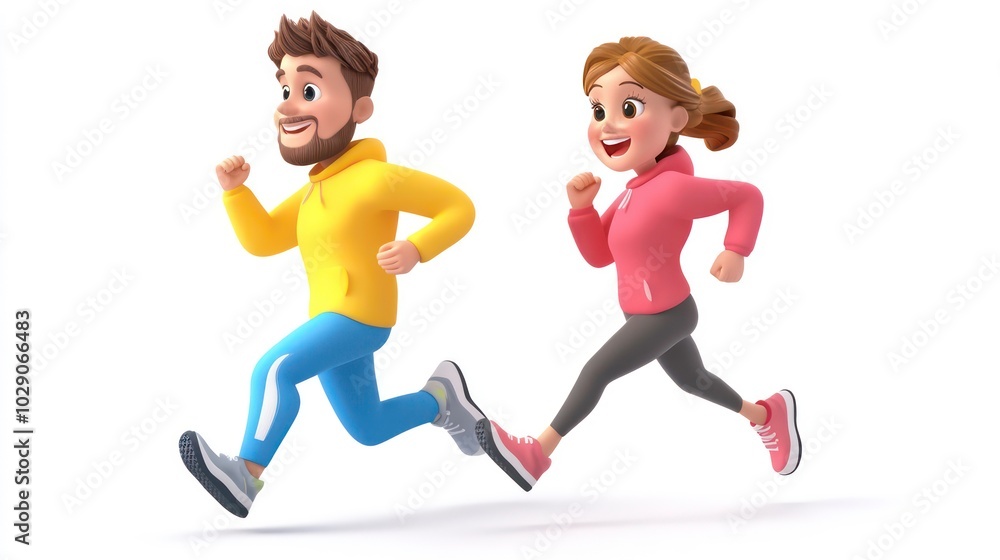 A cartoon man and woman are running, both smiling. They are wearing workout clothes and are in mid-stride. A cartoon man and woman are running, both smiling. They are wearing workout clothes and are in mid-stride.