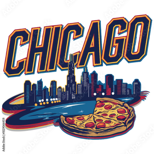 Chicago Skyline and Deep-Dish Pizza Graphic Art