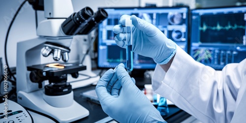 A close-up of a medical analysis laboratory, featuring a scientist’s gloved hands handling a test tube filled with a blue liquid. 