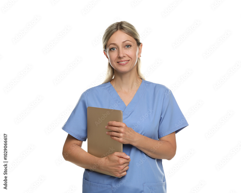 Doctor in medical uniform with laptop isolated on white Doctor in medical uniform with laptop isolated on white