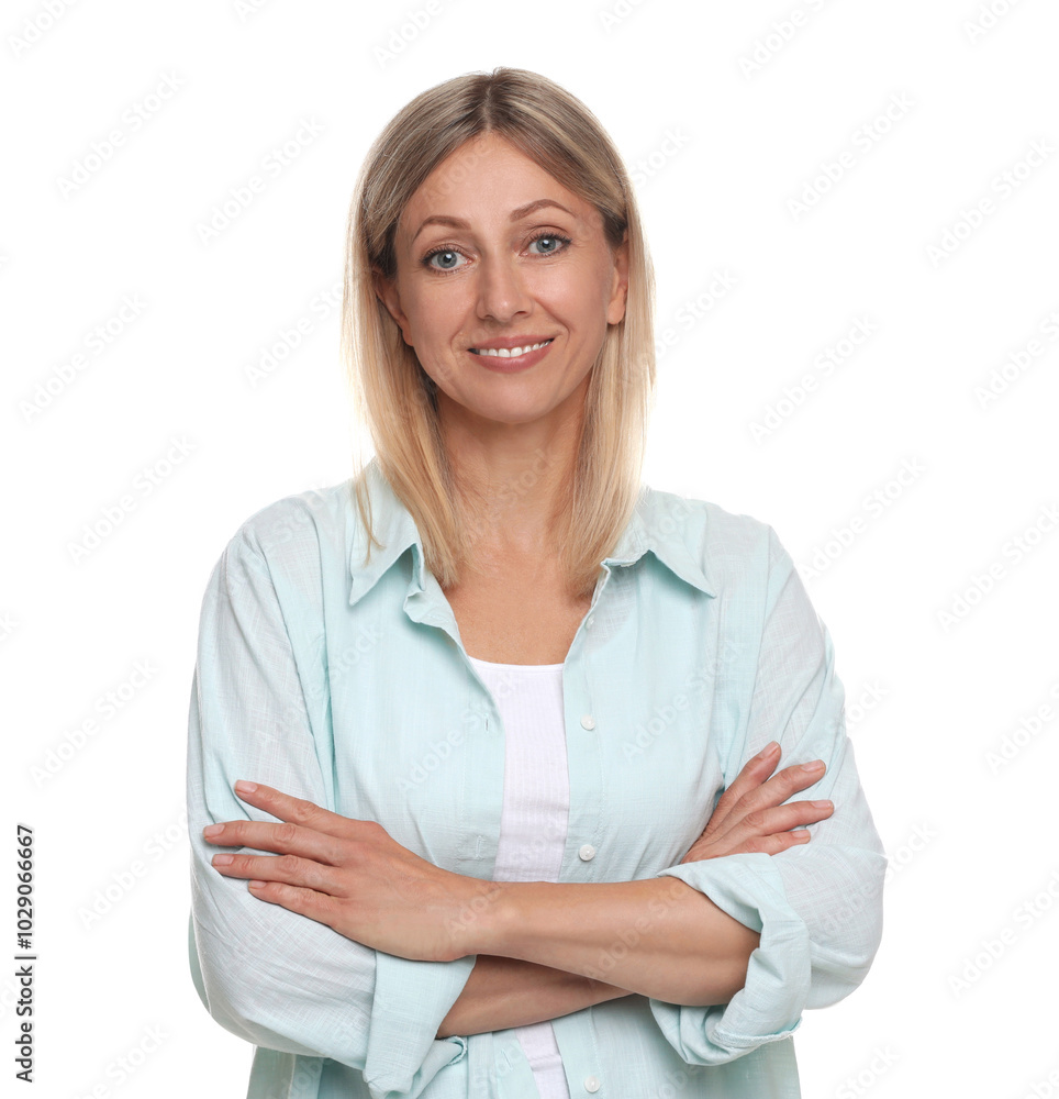 Portrait of beautiful smiling woman isolated on white Portrait of beautiful smiling woman isolated on white