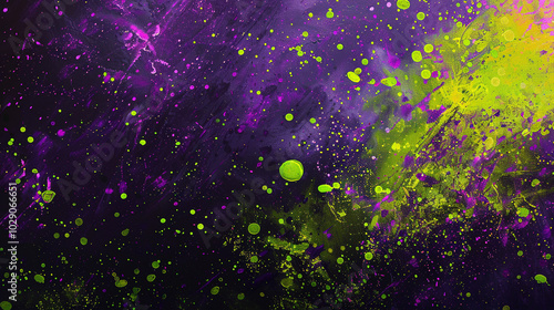Vibrant purple fading into lime green with a grainy, psychedelic speckling effect.