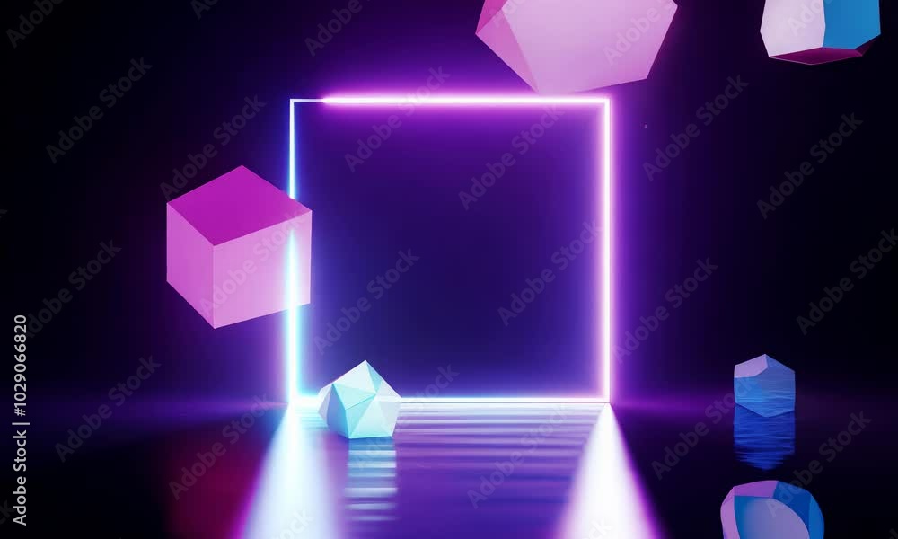 Neon frame with floating shapes in dark futuristic room. Neon frame with floating shapes in dark futuristic room.
